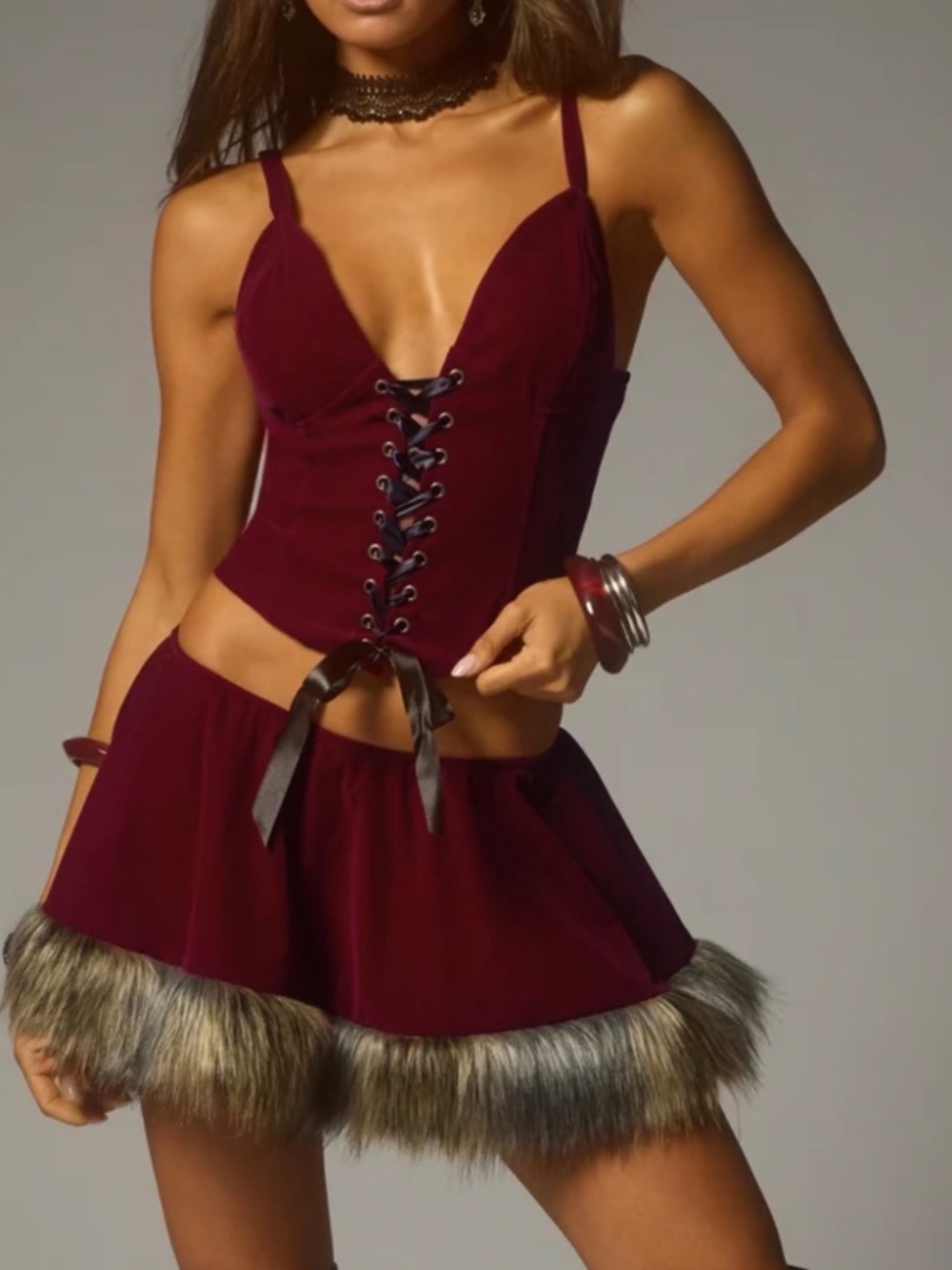 Windsor Little Red Velvet Corset Top & Fur Trimmed Skirt Costume Set Bonus Cape